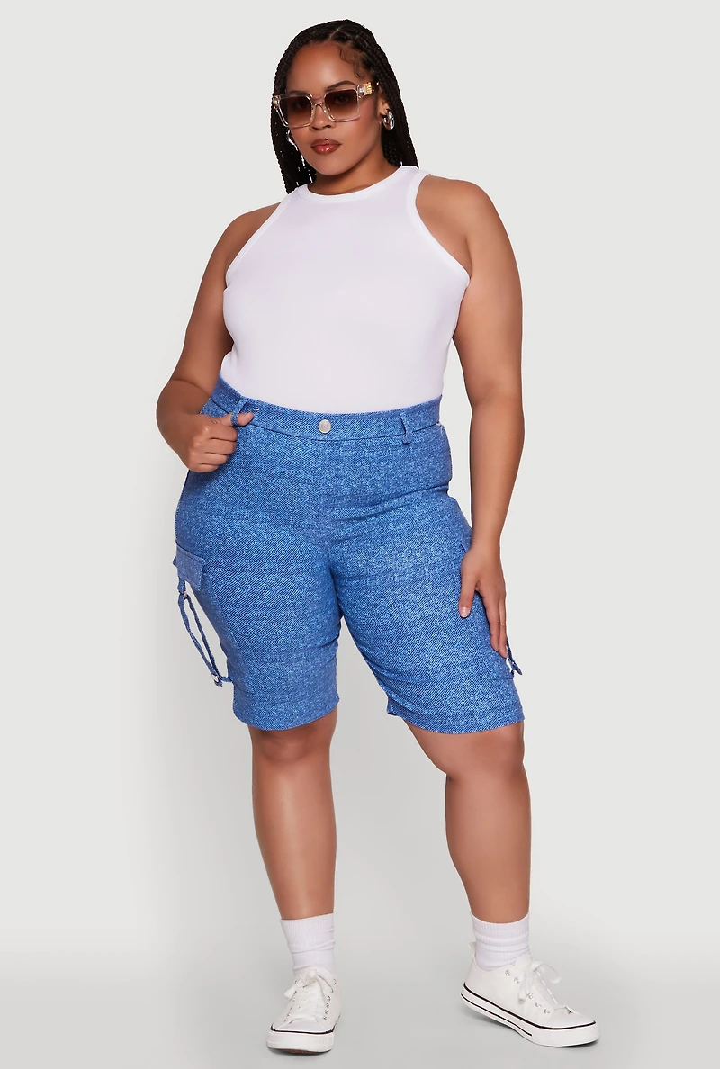Womens Plus Patterned Pull On Cargo Bermuda Shorts, Blue,