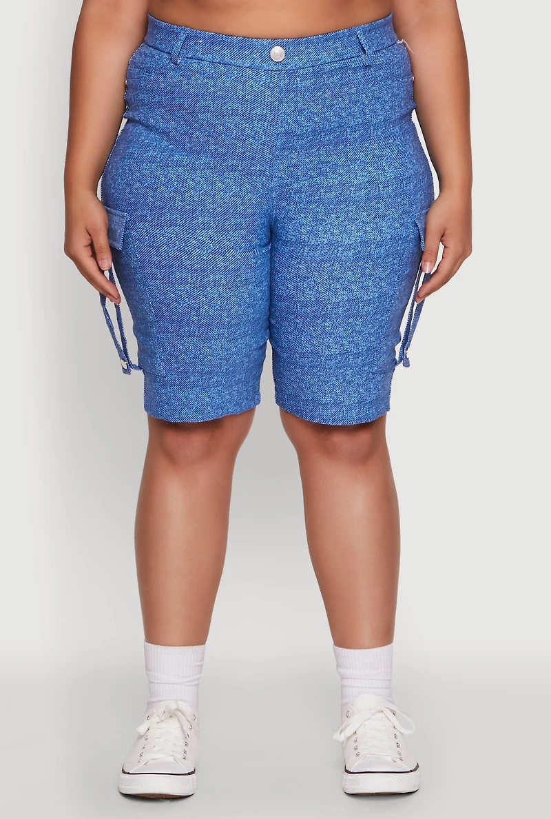 Womens Plus Patterned Pull On Cargo Bermuda Shorts, Blue,