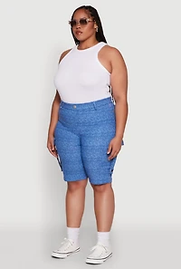 Womens Plus Patterned Pull On Cargo Bermuda Shorts, Blue,