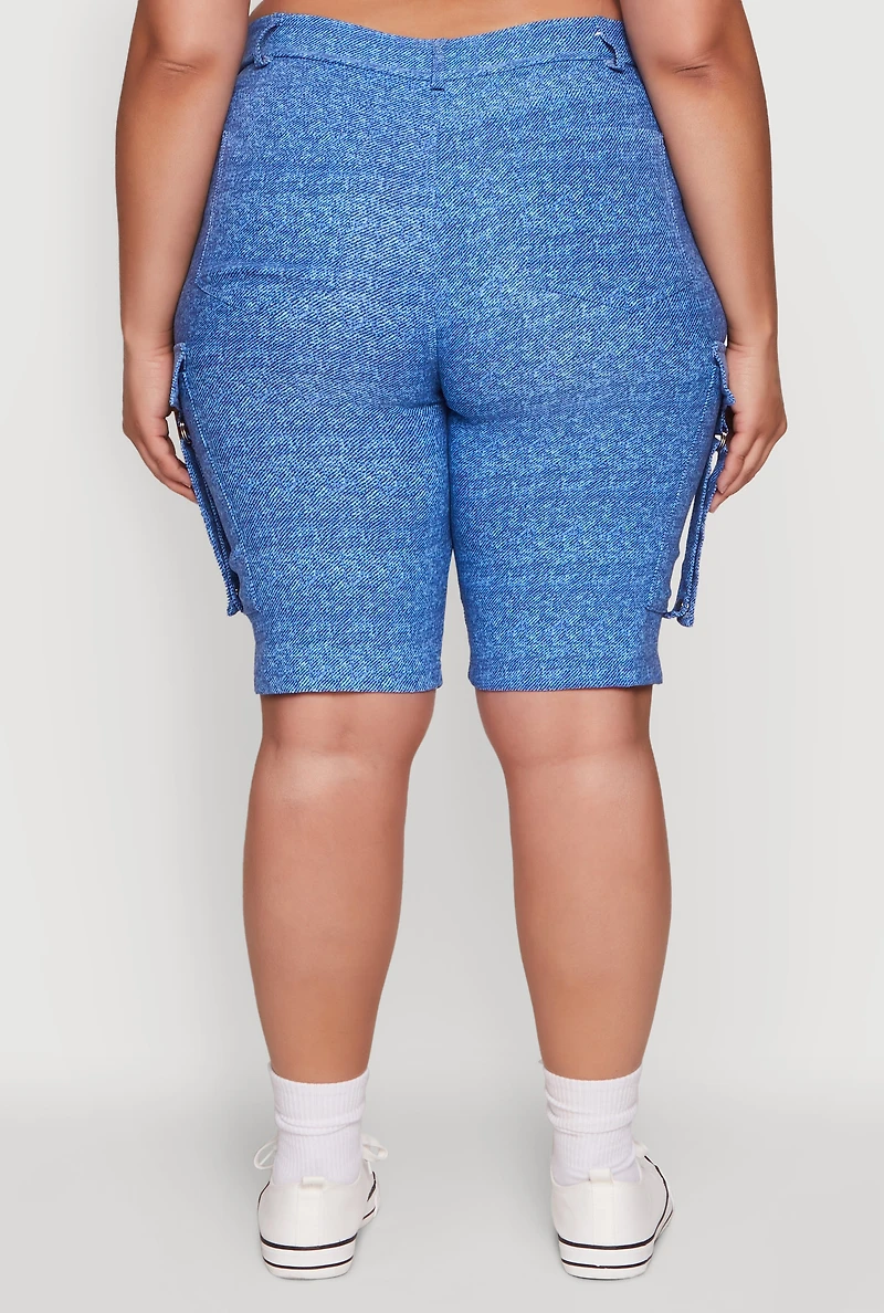 Womens Plus Patterned Pull On Cargo Bermuda Shorts, Blue,