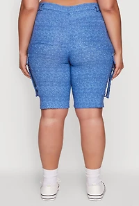 Womens Plus Patterned Pull On Cargo Bermuda Shorts, Blue,