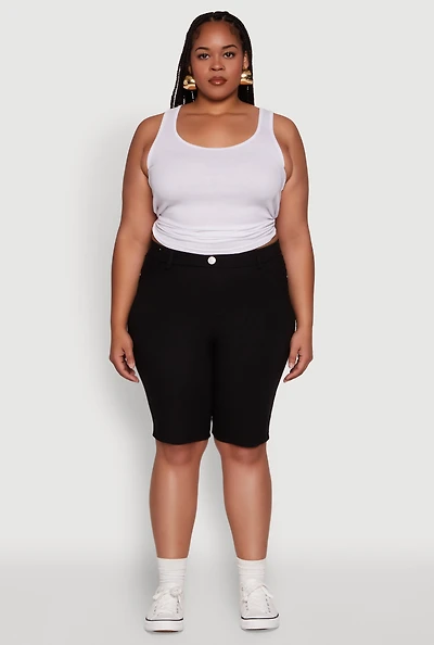 Womens Plus Size Hyperstretch High Waisted Bermuda Shorts with Faux Button, Black, Size 2X