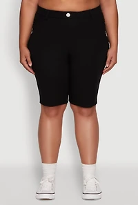 Womens Plus Hyperstretch High Waisted Bermuda Shorts with Faux Button,
