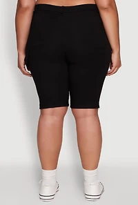Womens Plus Size Hyperstretch High Waisted Bermuda Shorts with Faux Button, Black, Size 2X