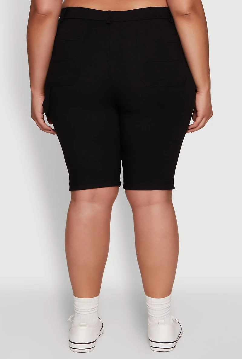 Womens Plus Hyperstretch High Waisted Bermuda Shorts with Faux Button,