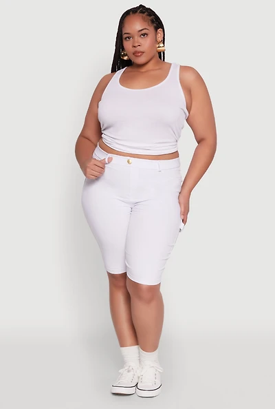 Womens Plus Size Hyperstretch High Waisted Bermuda Shorts with Faux Button, White, Size 2X