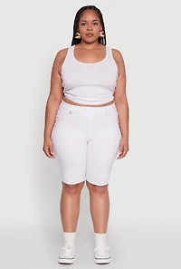 Womens Plus Size Hyperstretch High Waisted Bermuda Shorts with Faux Button, White, Size 3X