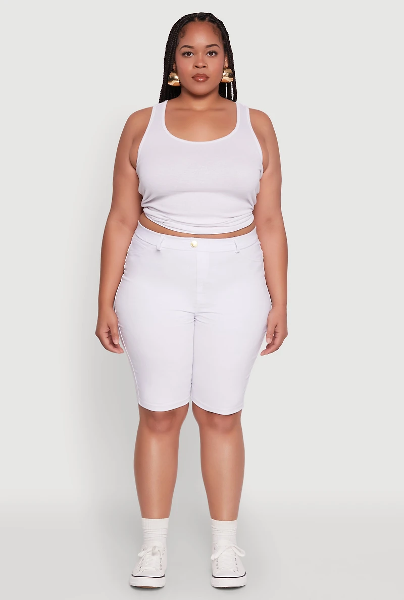 Womens Plus Size Hyperstretch High Waisted Bermuda Shorts with Faux Button, White, Size 3X
