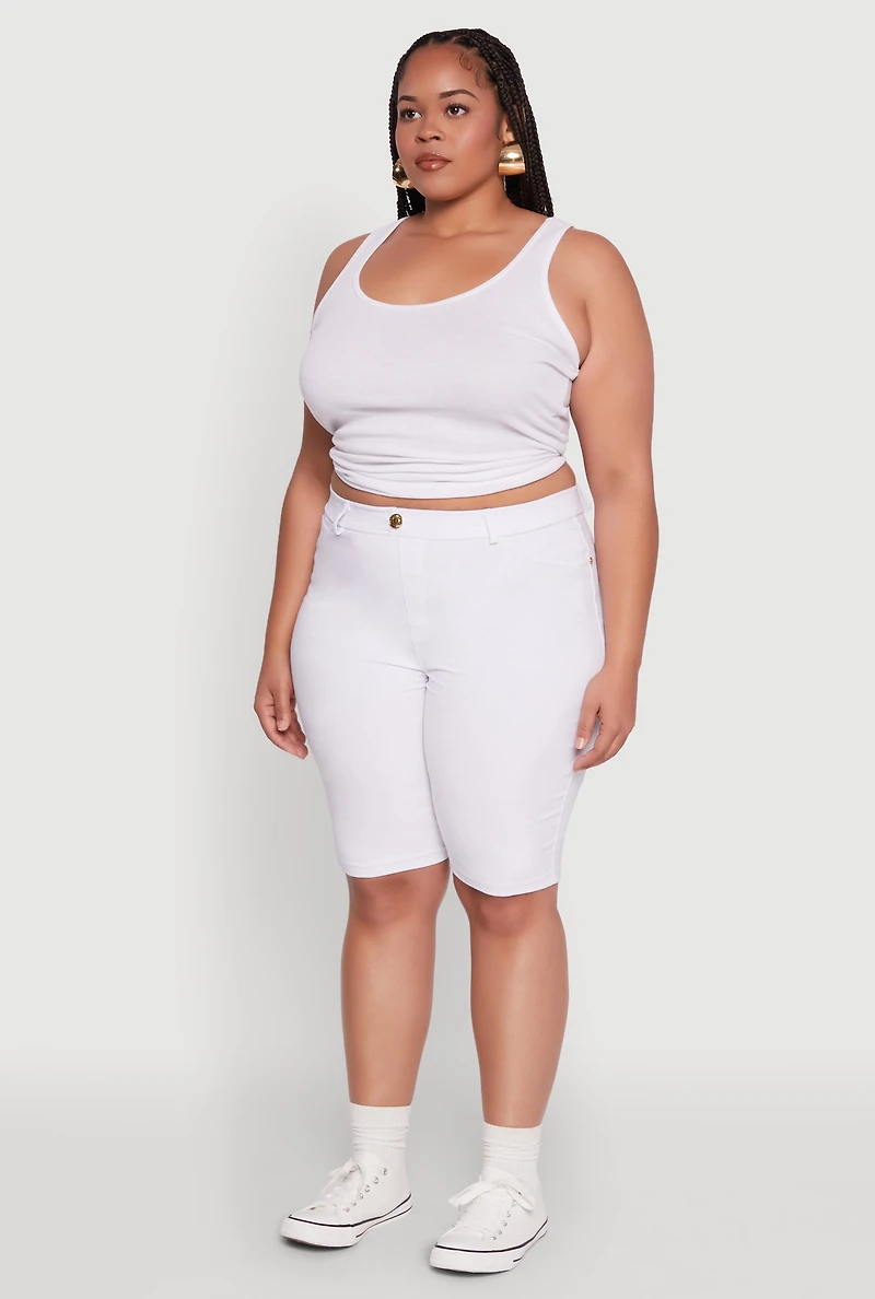 Plus Hyperstretch High Waisted Bermuda Shorts with Faux Button