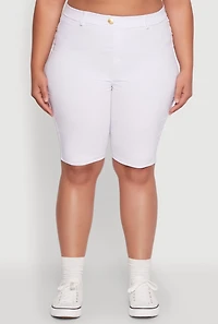 Womens Plus Size Hyperstretch High Waisted Bermuda Shorts with Faux Button, White, Size 3X