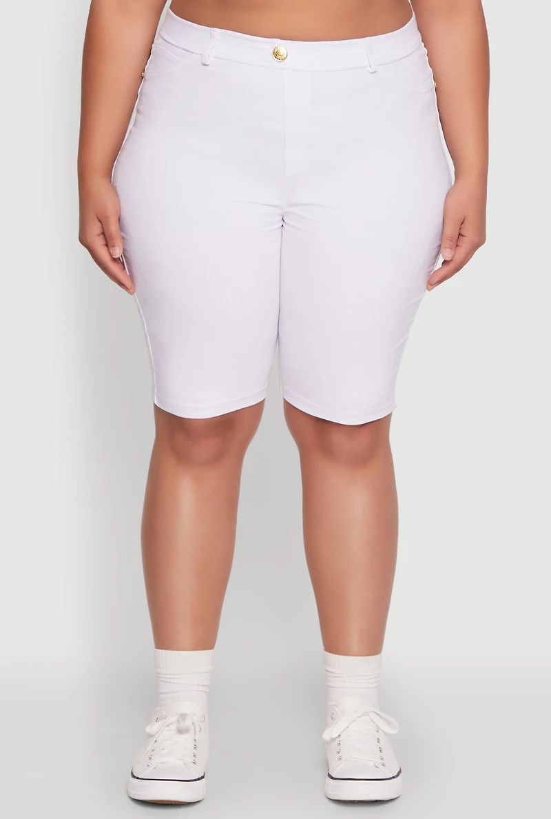 Womens Plus Size Hyperstretch High Waisted Bermuda Shorts with Faux Button, White, Size 3X