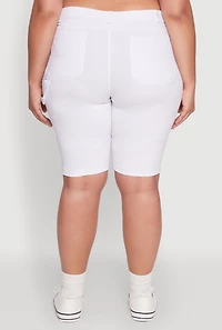 Womens Plus Size Hyperstretch High Waisted Bermuda Shorts with Faux Button, White, Size 3X