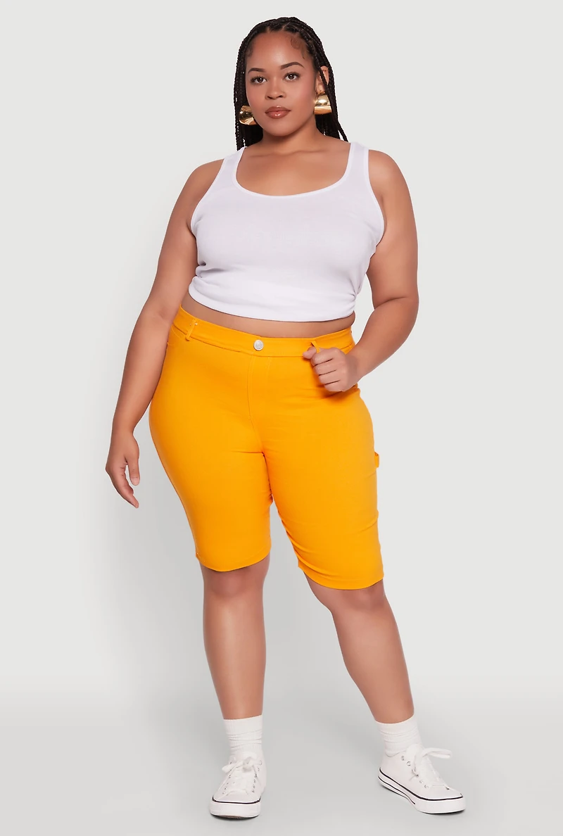 Womens Plus Hyperstretch High Waisted Bermuda Shorts with Faux Button, 3X