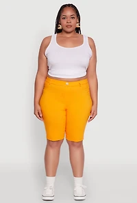 Womens Plus Size Hyperstretch High Waisted Bermuda Shorts with Faux Button, Orange, Size 3X