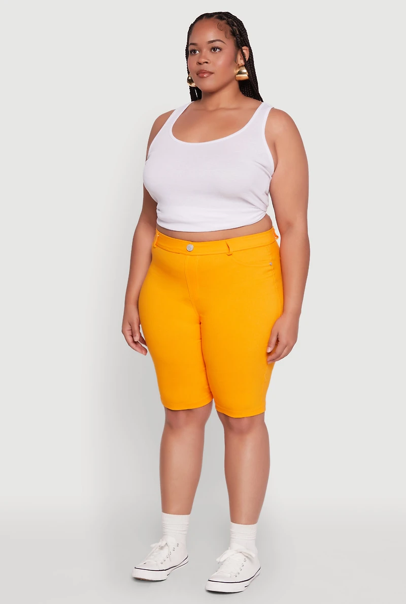 Womens Plus Size Hyperstretch High Waisted Bermuda Shorts with Faux Button, Orange, Size 3X
