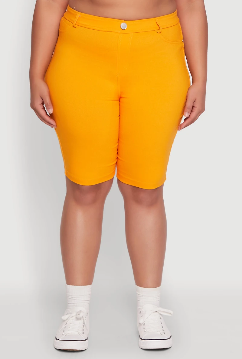 Womens Plus Hyperstretch High Waisted Bermuda Shorts with Faux Button, 2X