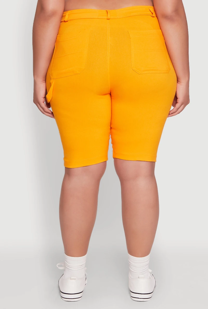 Plus Hyperstretch High Waisted Bermuda Shorts with Faux Button