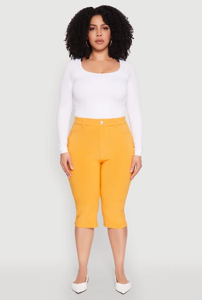 Womens Plus Size Basic Scuba Capri Pants, Yellow, Size 1X