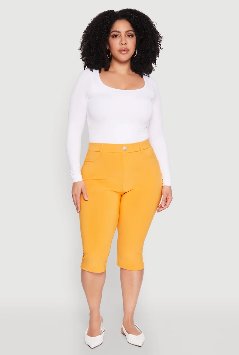 Womens Plus Basic Scuba Capri Pants, Yellow,