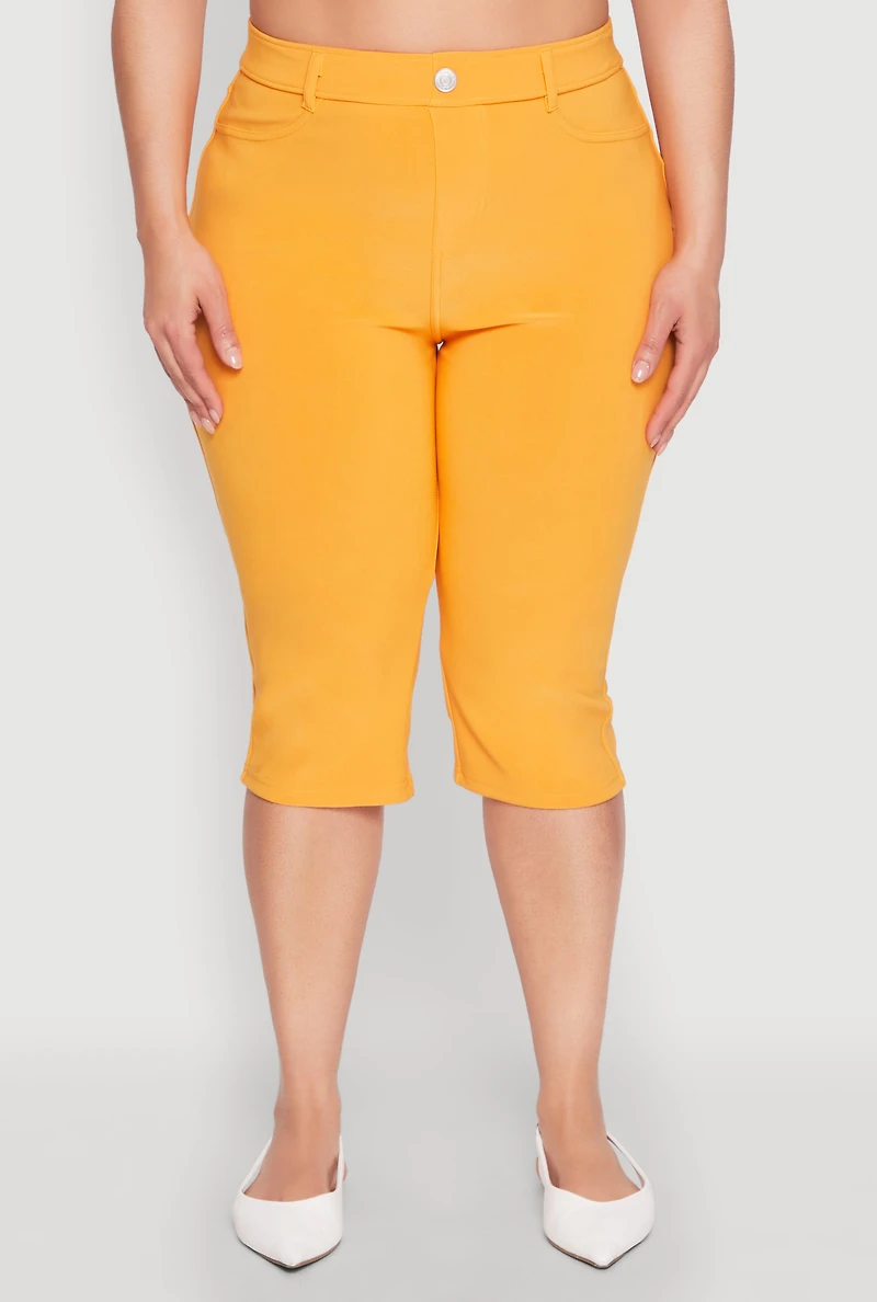 Womens Plus Size Basic Scuba Capri Pants, Yellow, Size 1X