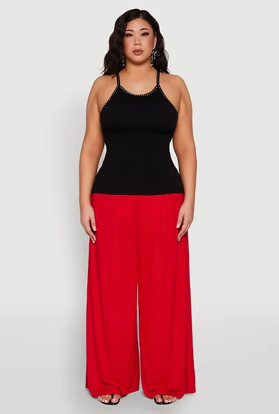 Womens Plus Size Seamless Ribbed Rhinestone Trim Cami, Black, Size 2X-3X