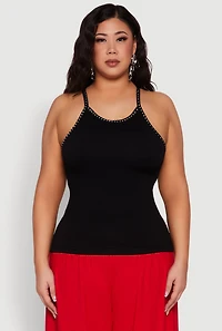 Womens Plus Size Seamless Ribbed Rhinestone Trim Cami, Black, Size 2X-3X