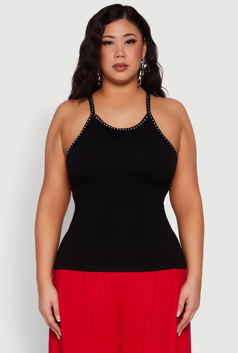 Womens Plus Seamless Ribbed Rhinestone Trim Cami,