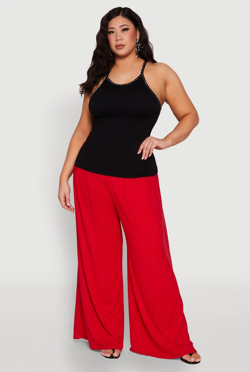 Womens Plus Seamless Ribbed Rhinestone Trim Cami,
