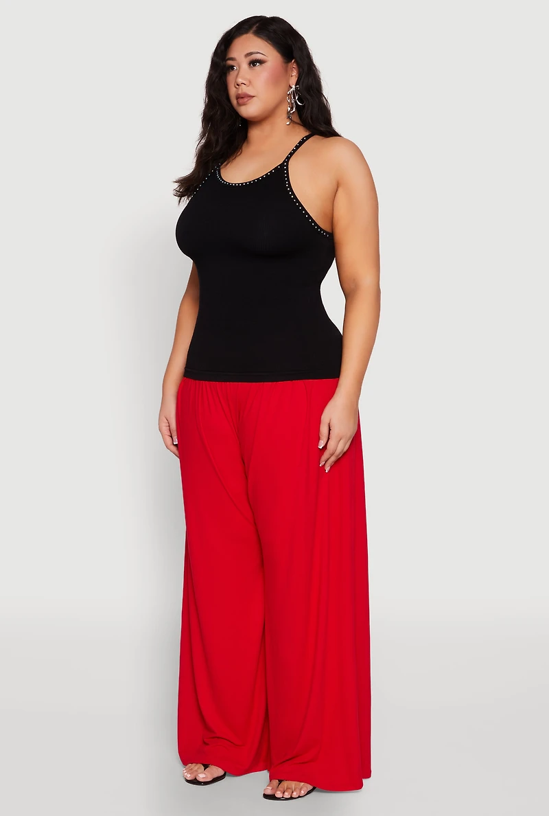 Womens Plus Seamless Ribbed Rhinestone Trim Cami,