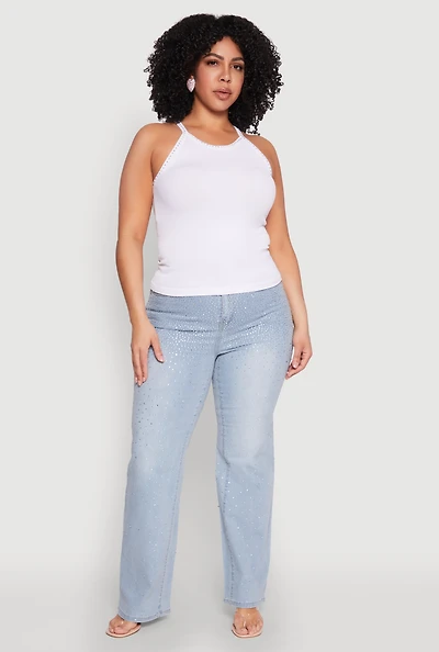 Womens Plus Size Seamless Ribbed Rhinestone Trim Cami, White, Size 2X-3X