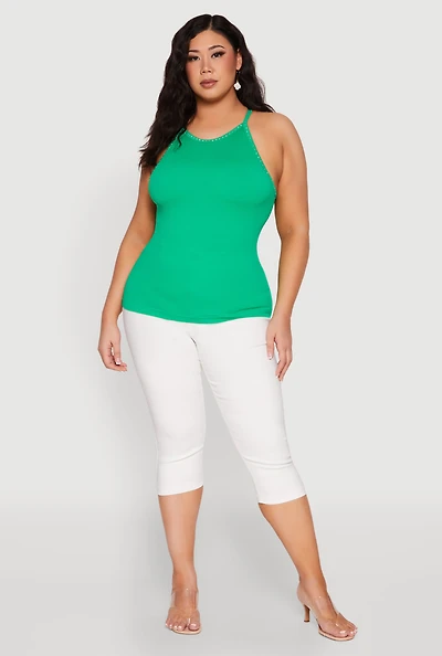 Womens Plus Seamless Ribbed Rhinestone Trim Cami, 2X-3X