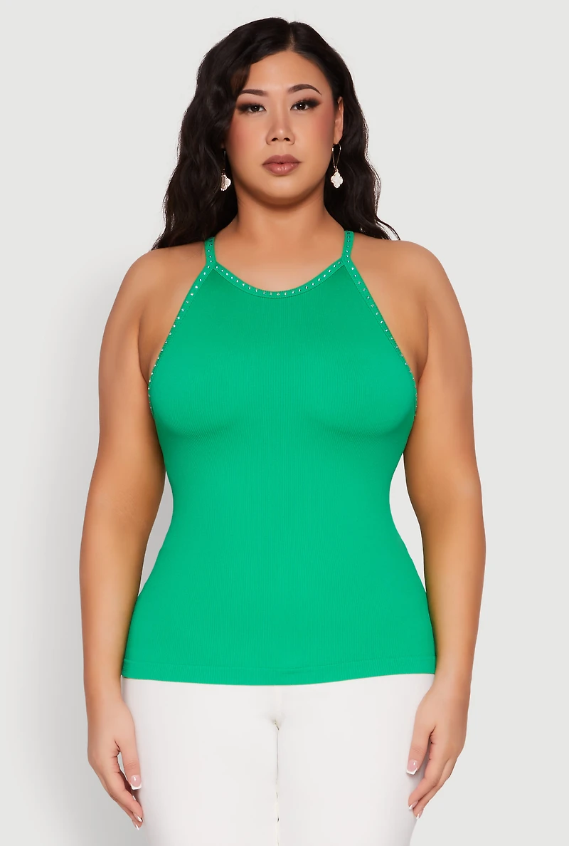 Womens Plus Seamless Ribbed Rhinestone Trim Cami, 2X-3X