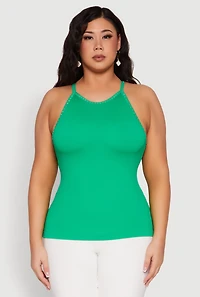 Womens Plus Seamless Ribbed Rhinestone Trim Cami, 2X-3X