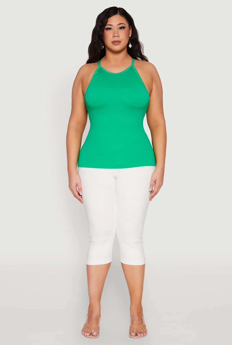 Womens Plus Seamless Ribbed Rhinestone Trim Cami, 2X-3X