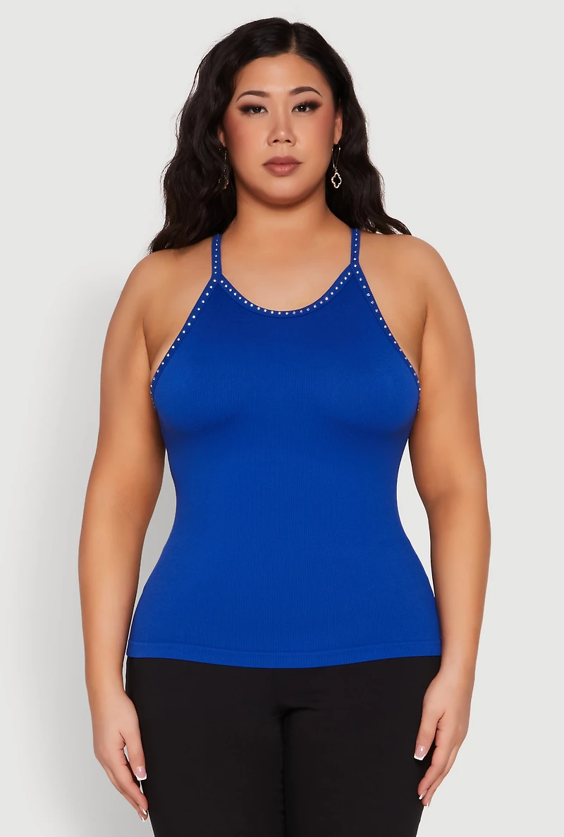 Womens Plus Size Seamless Ribbed Rhinestone Trim Cami, Blue, Size 2X-3X