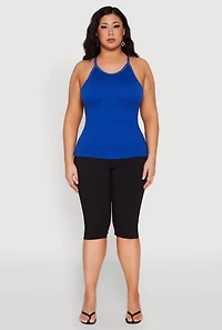 Womens Plus Size Seamless Ribbed Rhinestone Trim Cami, Blue, Size 2X-3X