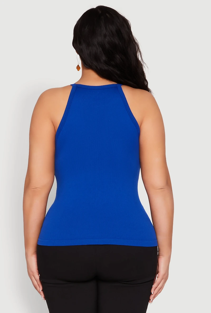 Womens Plus Size Seamless Ribbed Rhinestone Trim Cami, Blue, Size 2X-3X