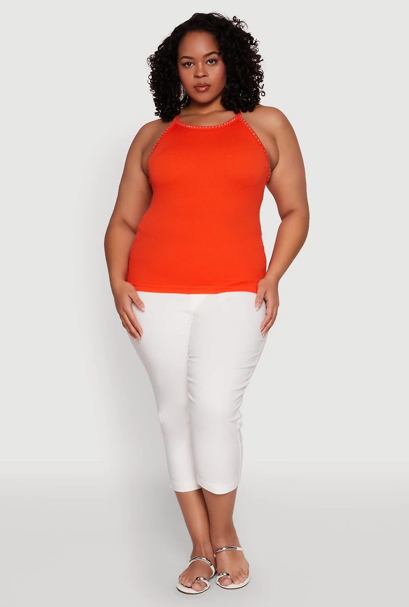 Womens Plus Size Seamless Ribbed Rhinestone Trim Cami, Orange, Size 2X-3X