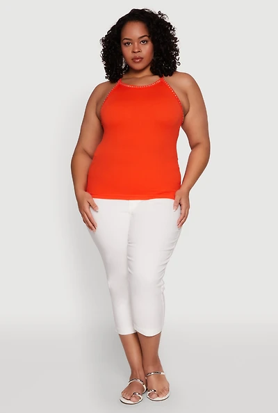 Womens Plus Size Seamless Ribbed Rhinestone Trim Cami, Orange, Size 2X-3X