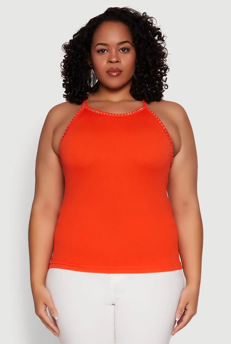Womens Plus Size Seamless Ribbed Rhinestone Trim Cami, Orange, Size 2X-3X