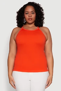 Womens Plus Size Seamless Ribbed Rhinestone Trim Cami, Orange, Size 2X-3X