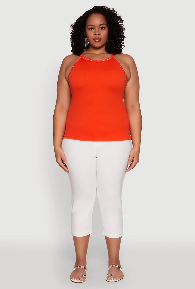 Womens Plus Size Seamless Ribbed Rhinestone Trim Cami, Orange, Size 2X-3X
