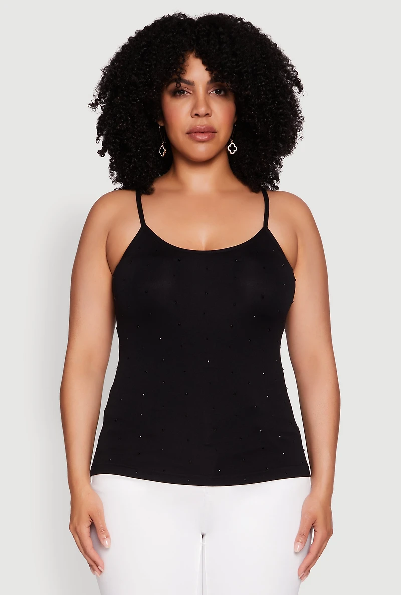 Womens Plus Size Seamless Rhinestone Detail Cami, Black, Size 1X-2X