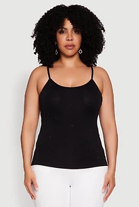 Womens Plus Size Seamless Rhinestone Detail Cami, Black, Size 1X-2X