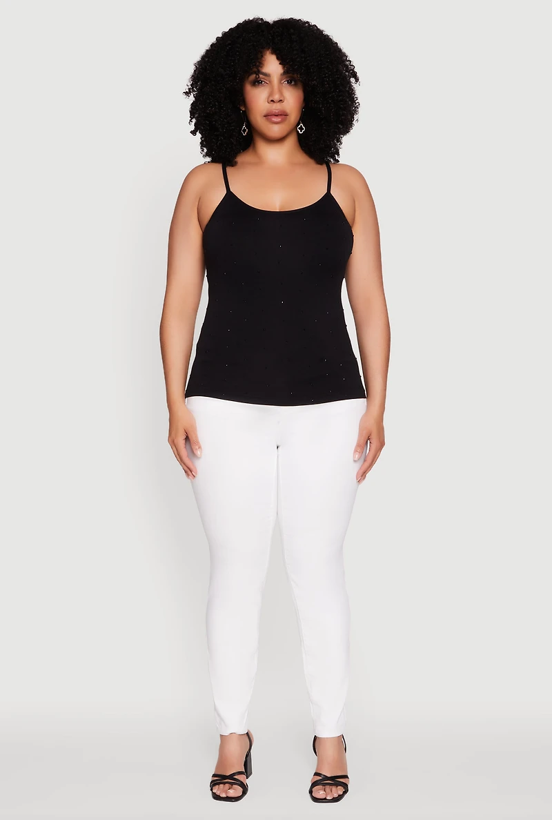 Womens Plus Size Seamless Rhinestone Detail Cami, Black, Size 1X-2X