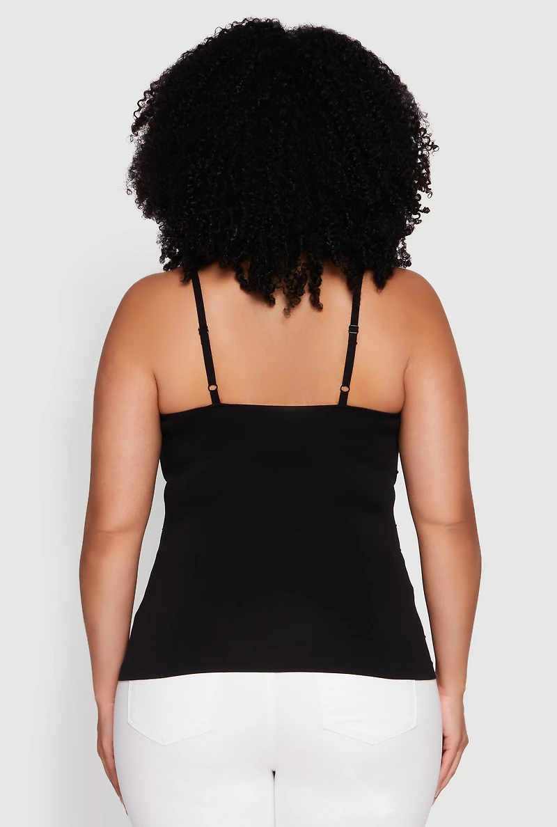 Womens Plus Size Seamless Rhinestone Detail Cami, Black, Size 1X-2X