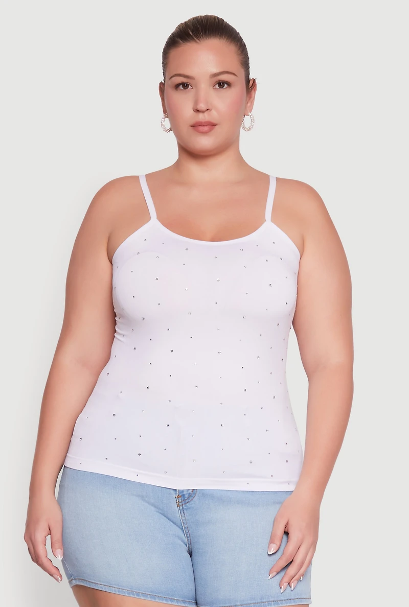 Womens Plus Size Seamless Rhinestone Detail Cami, White, Size 2X-3X