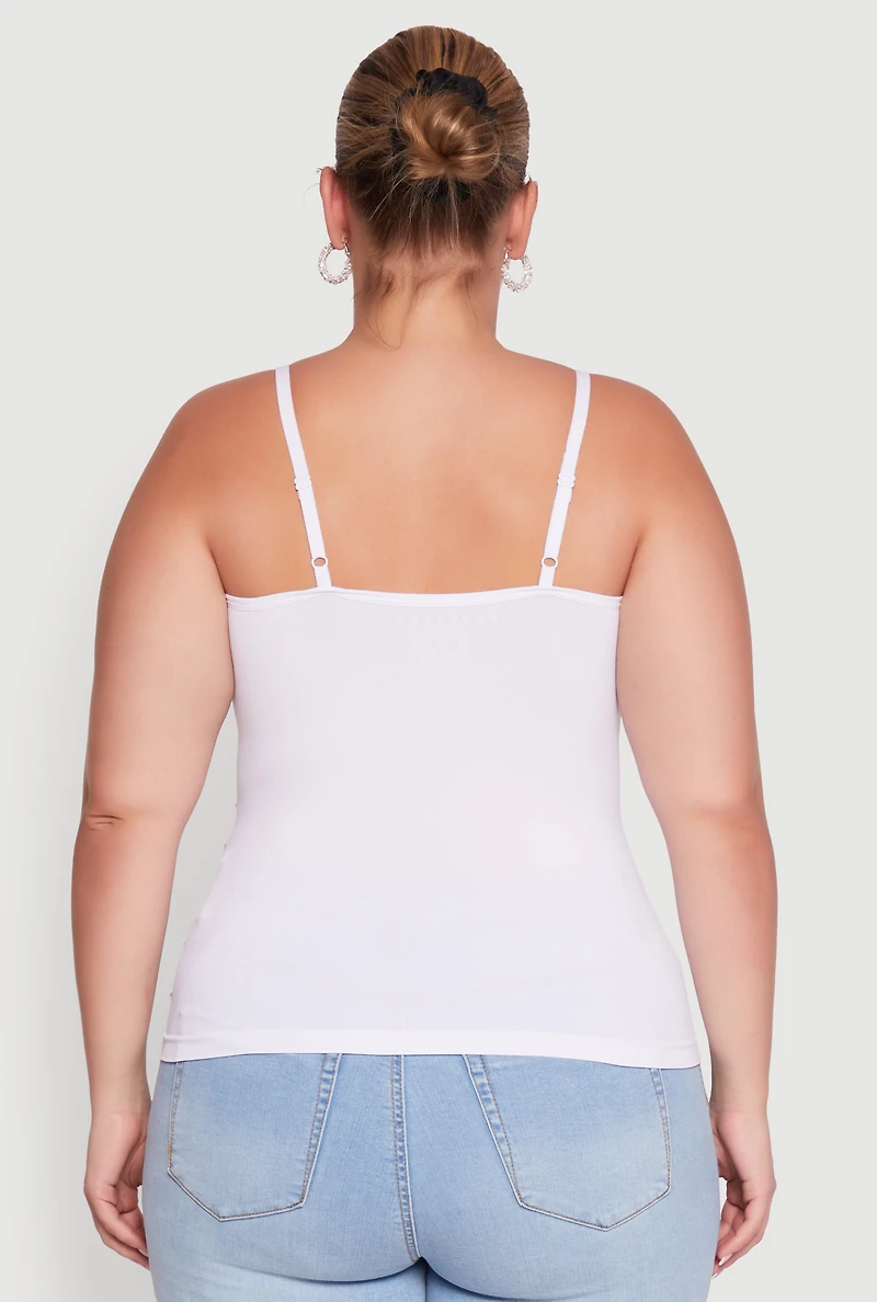 Womens Plus Size Seamless Rhinestone Detail Cami, White, Size 2X-3X