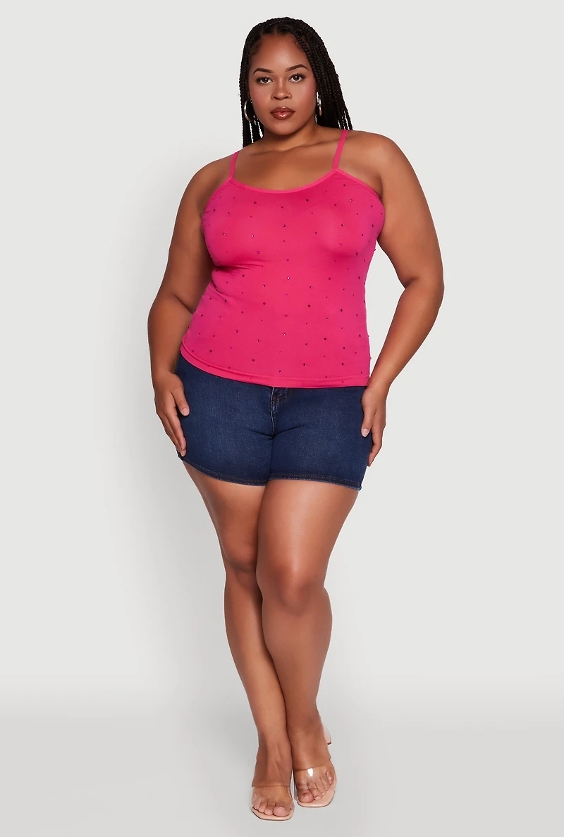 Womens Plus Size Seamless Rhinestone Detail Cami, Pink, Size 1X-2X