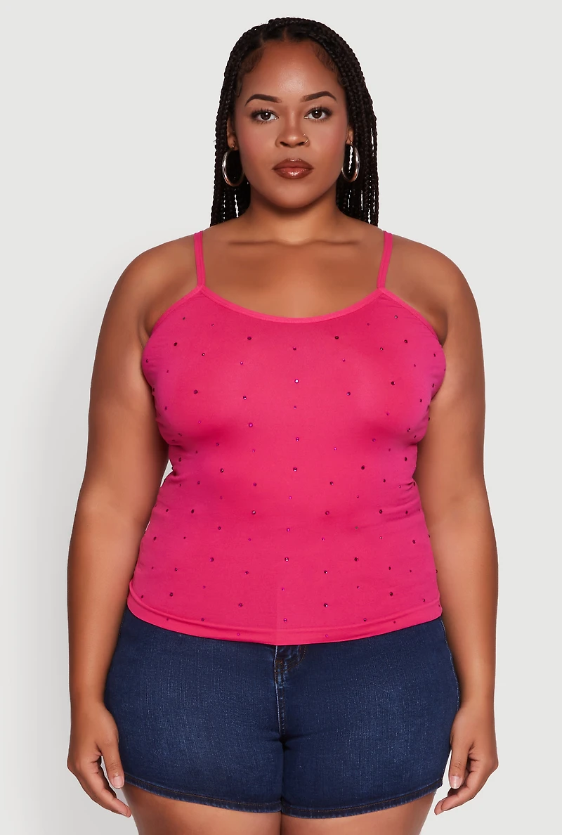 Womens Plus Size Seamless Rhinestone Detail Cami, Pink, Size 1X-2X